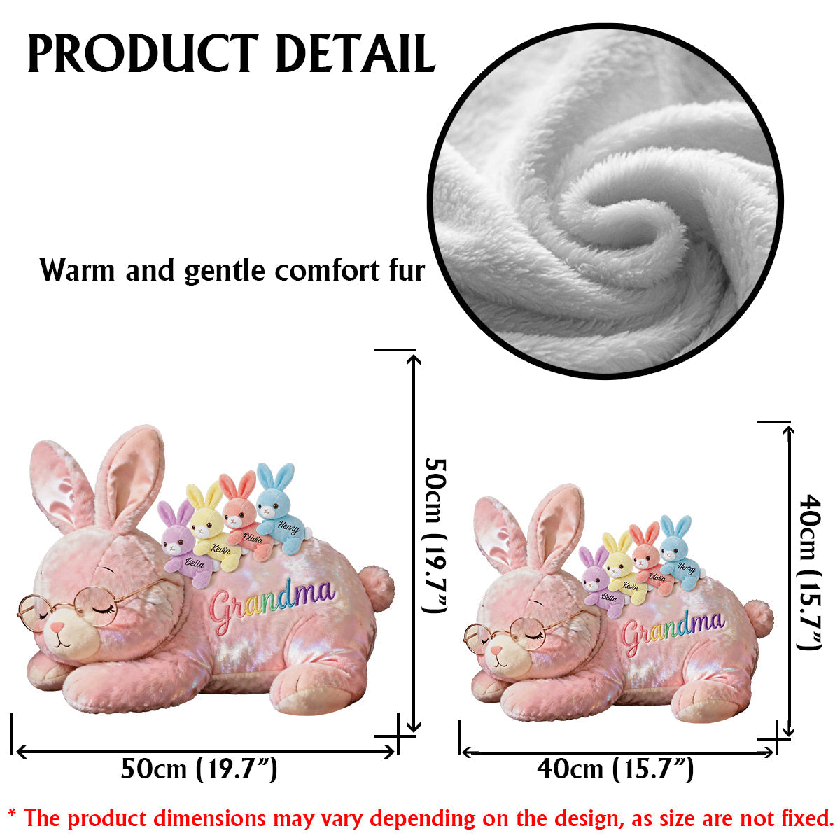 Coussin personnalisé en fausse fourrure en forme de grand-mère avec ses bébés lapins