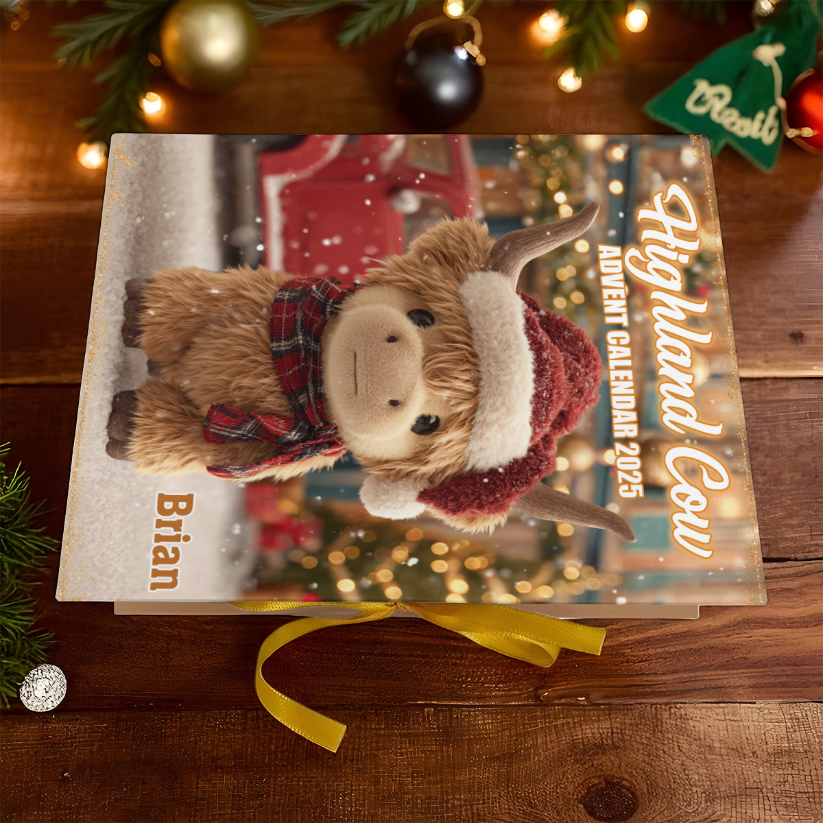 Weihnachtliches Hochlandrind – Personalisierter Adventskalender mit Hochlandrind-Motiv und Ornamenten