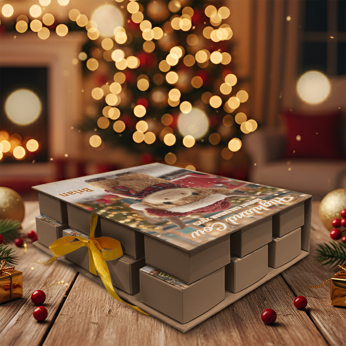 Weihnachtliches Hochlandrind – Personalisierter Adventskalender mit Hochlandrind-Motiv und Ornamenten