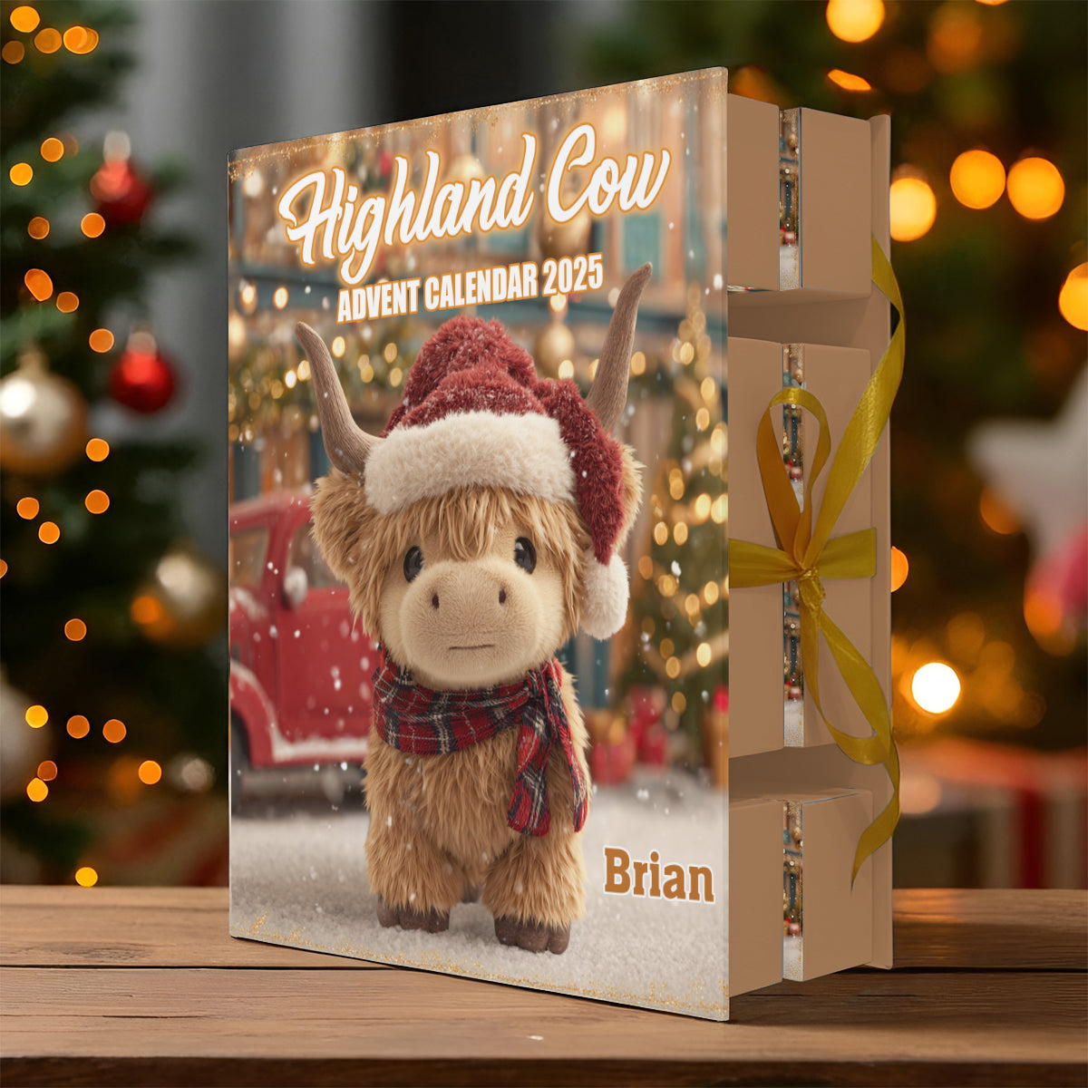 Weihnachtliches Hochlandrind – Personalisierter Adventskalender mit Hochlandrind-Motiv und Ornamenten