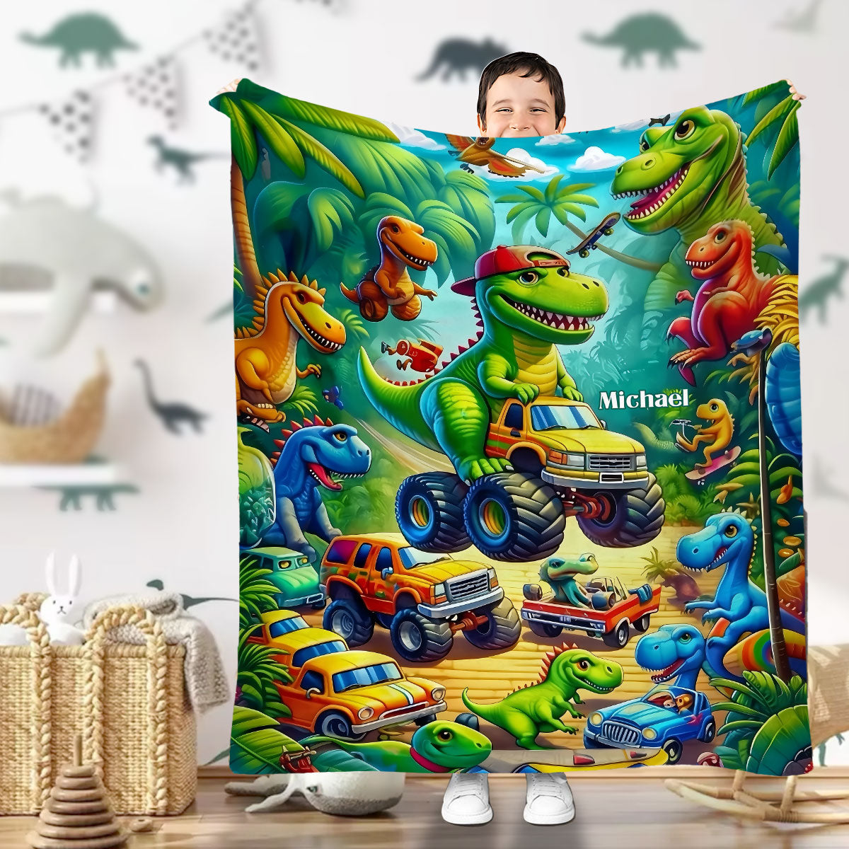 Cozy Dinosour Truck - Personalized Kid Blanket