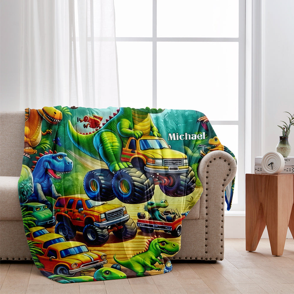 Cozy Dinosour Truck - Personalized Kid Blanket