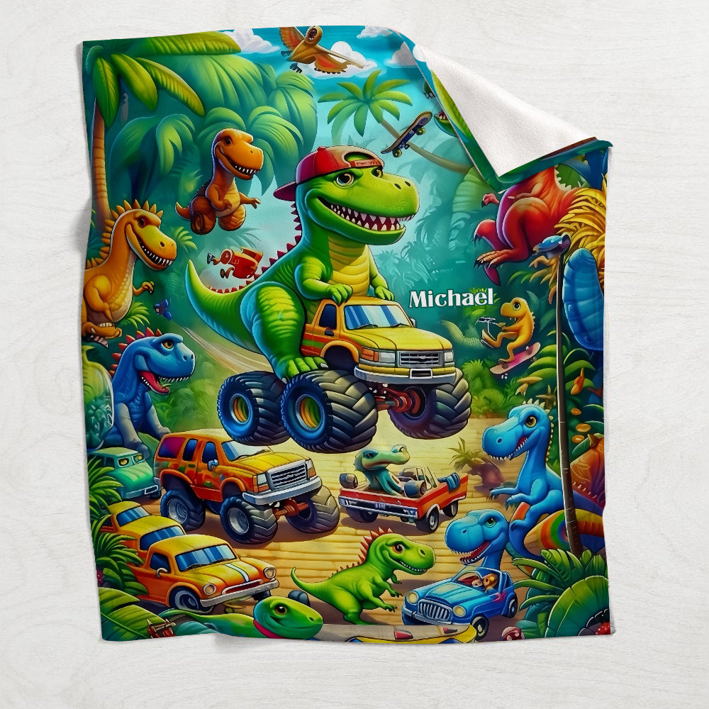 Cozy Dinosour Truck - Personalized Kid Blanket