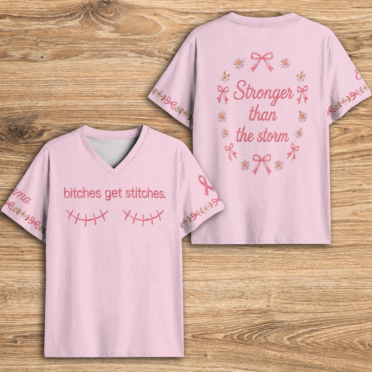 Breast Cancer Awareness, B*tches Get Stitches - Personalized Breast Cancer Awareness Fully Printed V-Neck T-Shirt