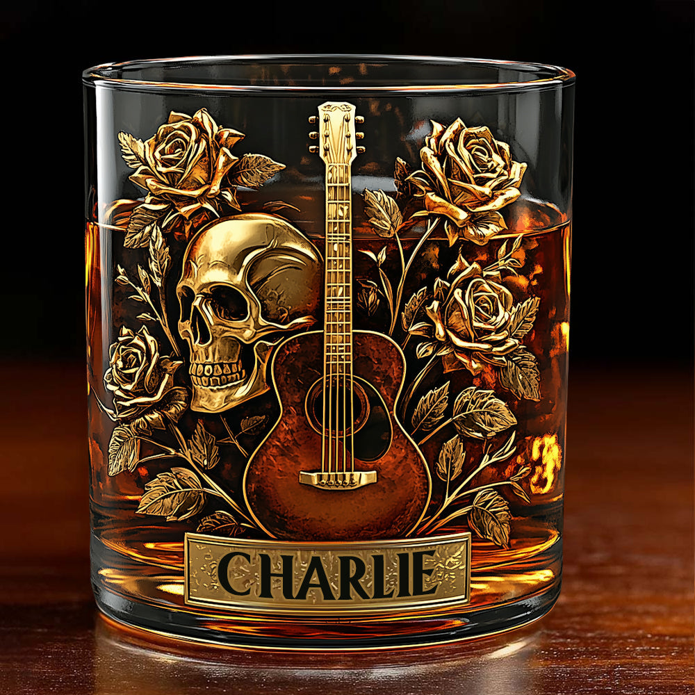 Guitar, Skull & Roses - Personalized Guitar Whiskey Glass