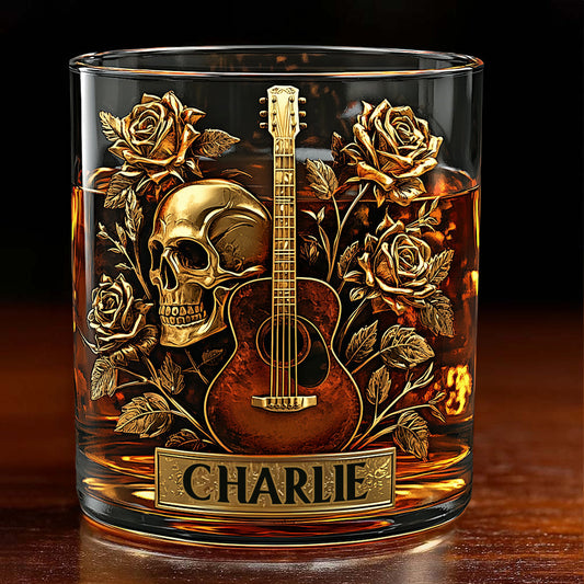 Guitar, Skull & Roses - Personalized Guitar Whiskey Glass