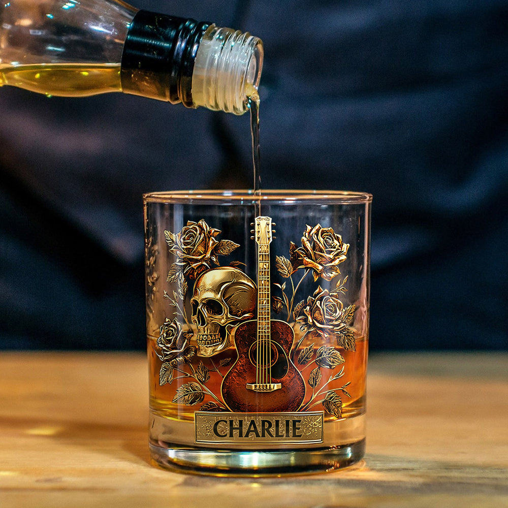 Guitar, Skull & Roses - Personalized Guitar Whiskey Glass