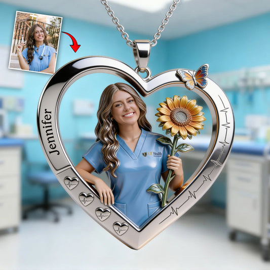 Floral Nurse Heart - Personalized Nurse Shaped Metal Pendant Necklace