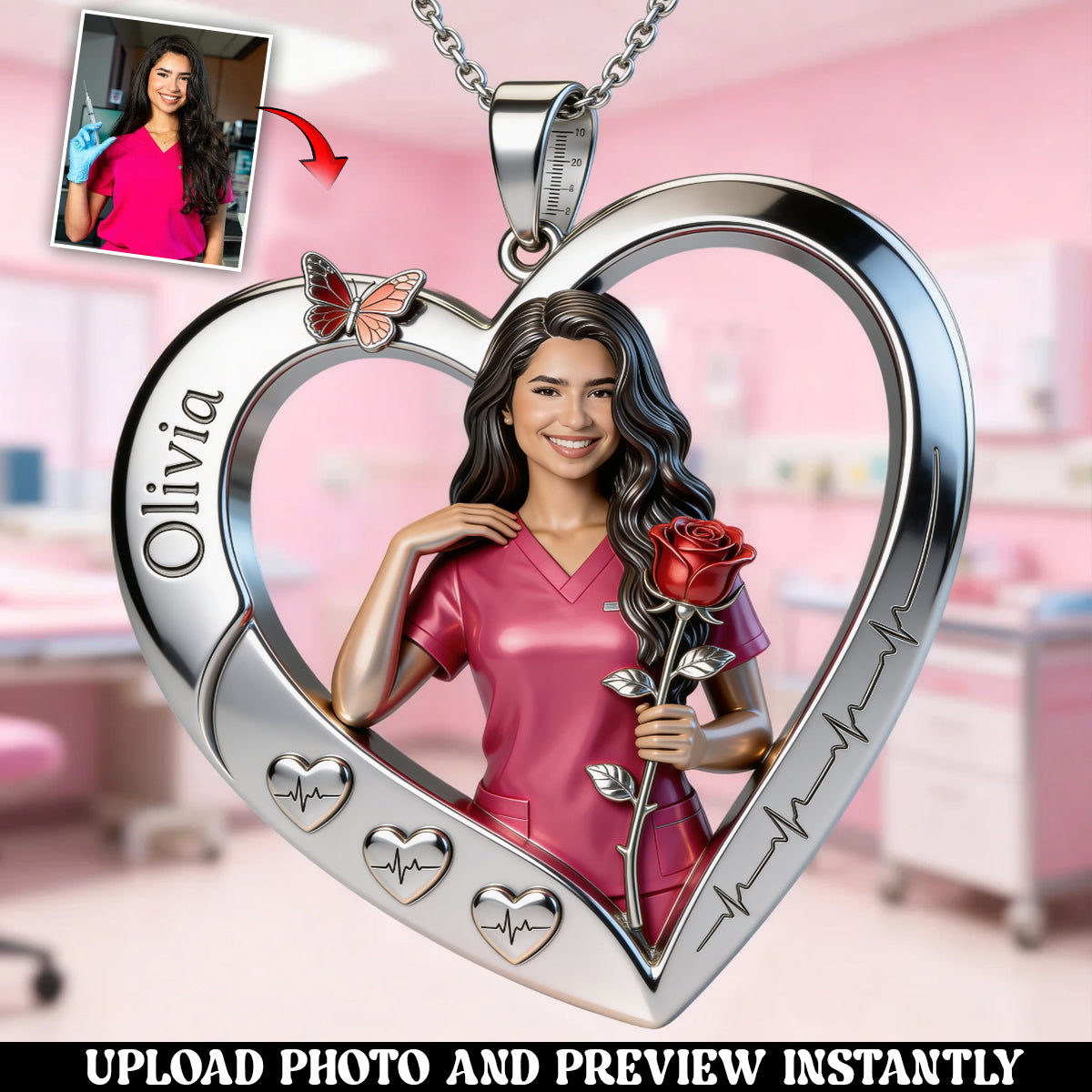 Floral Nurse Heart - Personalized Nurse Shaped Metal Pendant Necklace