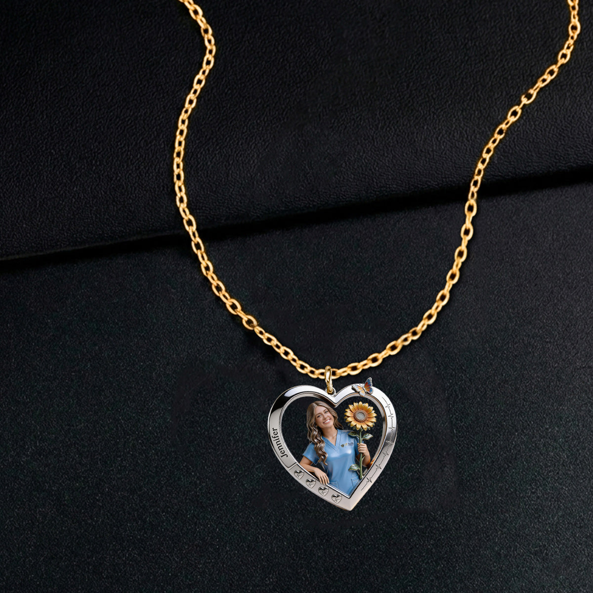 Floral Nurse Heart - Personalized Nurse Shaped Metal Pendant Necklace