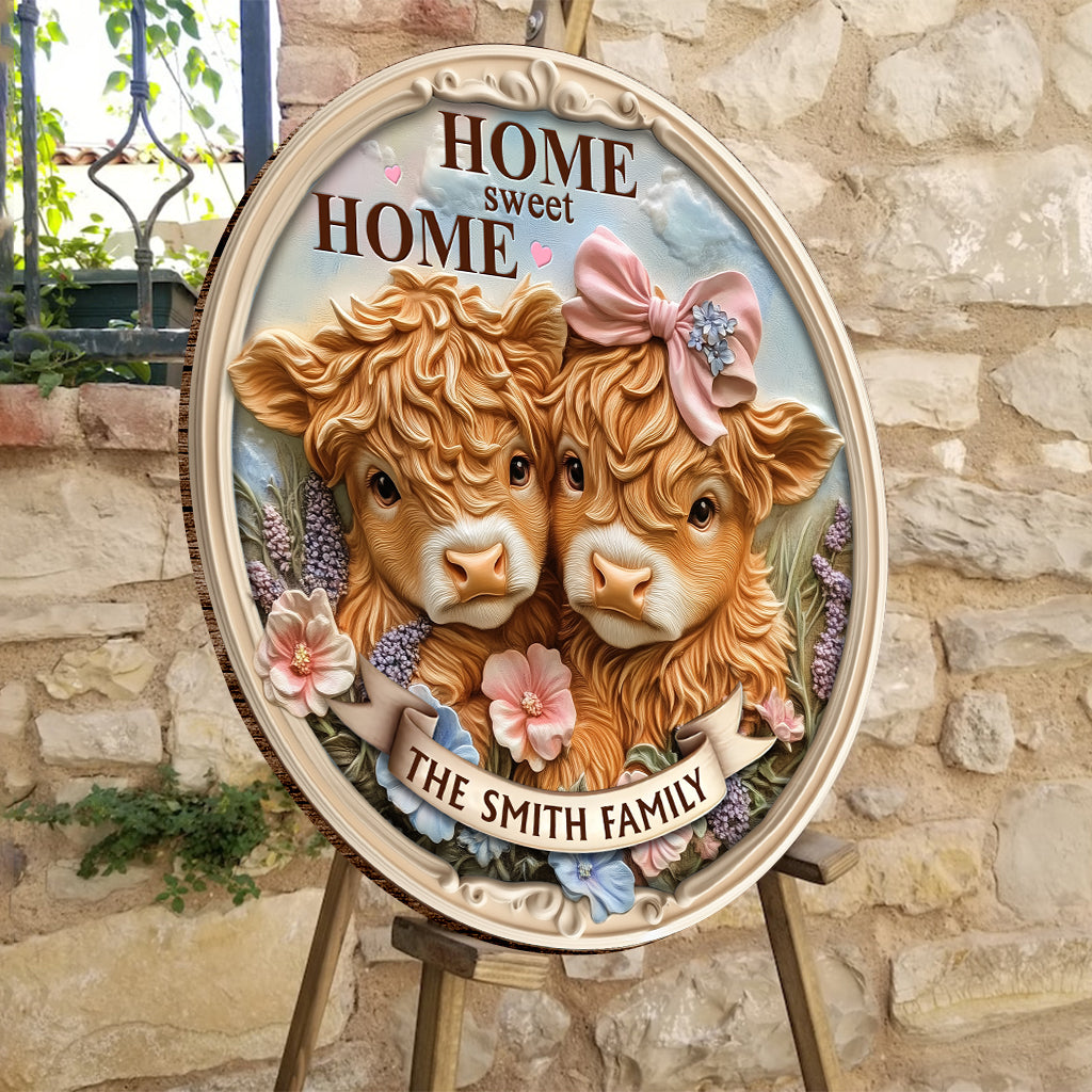 Home Sweet Home, Cute Baby Highland Cow - Personalized Family Round Wood Sign