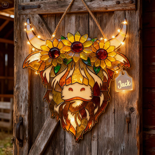 Hochlandrind mit Sonnenblumen - Personalisiertes LED-Licht-Acryl-Schild „Hochlandrind“