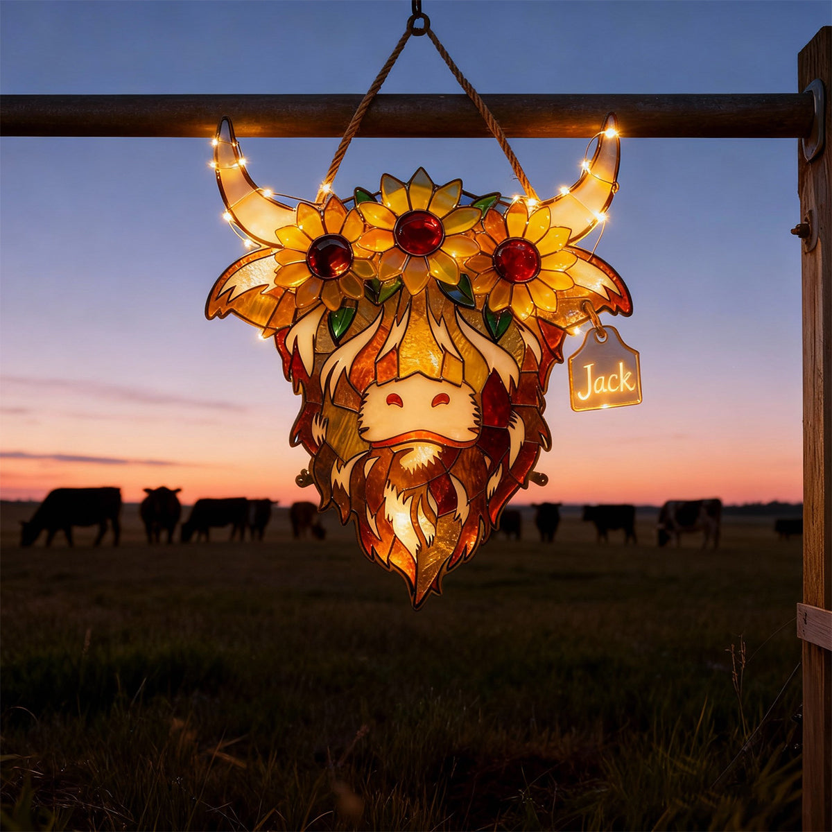 Vache des Highlands avec tournesols - Panneau lumineux LED personnalisé en acrylique représentant une vache des Highlands