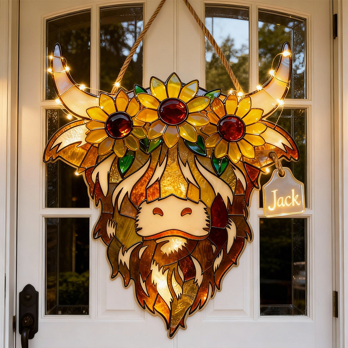 Vache des Highlands avec tournesols - Panneau lumineux LED personnalisé en acrylique représentant une vache des Highlands