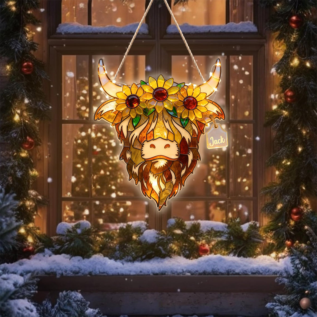 Vache des Highlands avec tournesols - Panneau lumineux LED personnalisé en acrylique représentant une vache des Highlands