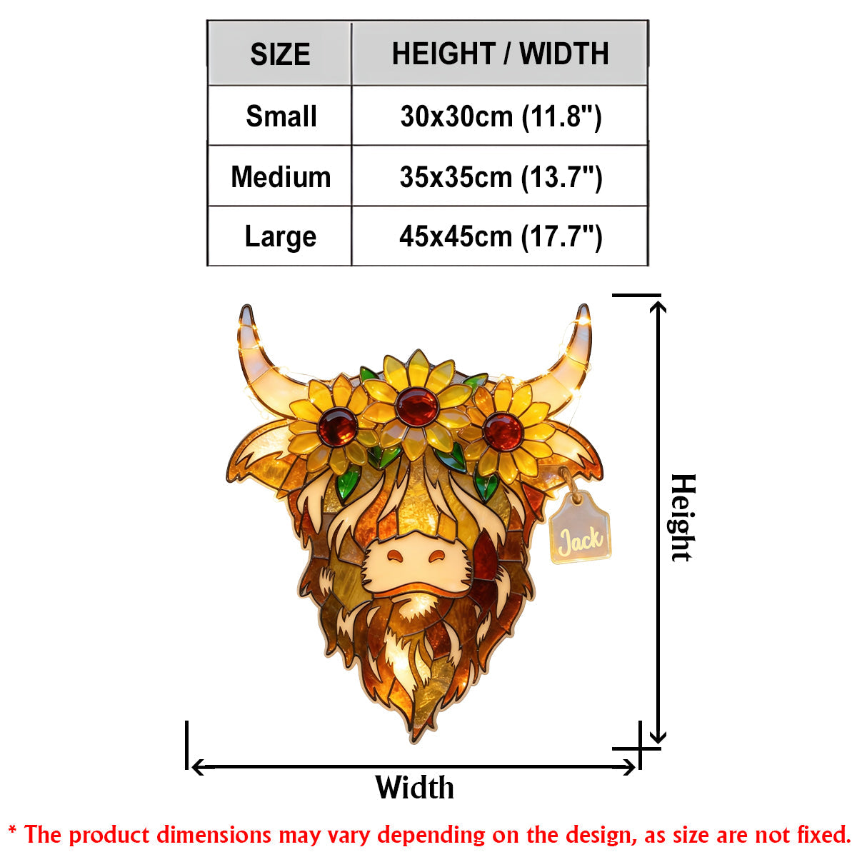 Vache des Highlands avec tournesols - Panneau lumineux LED personnalisé en acrylique représentant une vache des Highlands