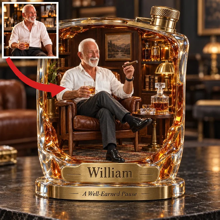 Personalized Whiskey Acrylic Plaque - Custom Photo Flask Lounge Diorama