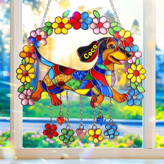 Cute Dachshund With Flowers - Personalized Dachshund Window Hanging Suncatcher Ornament