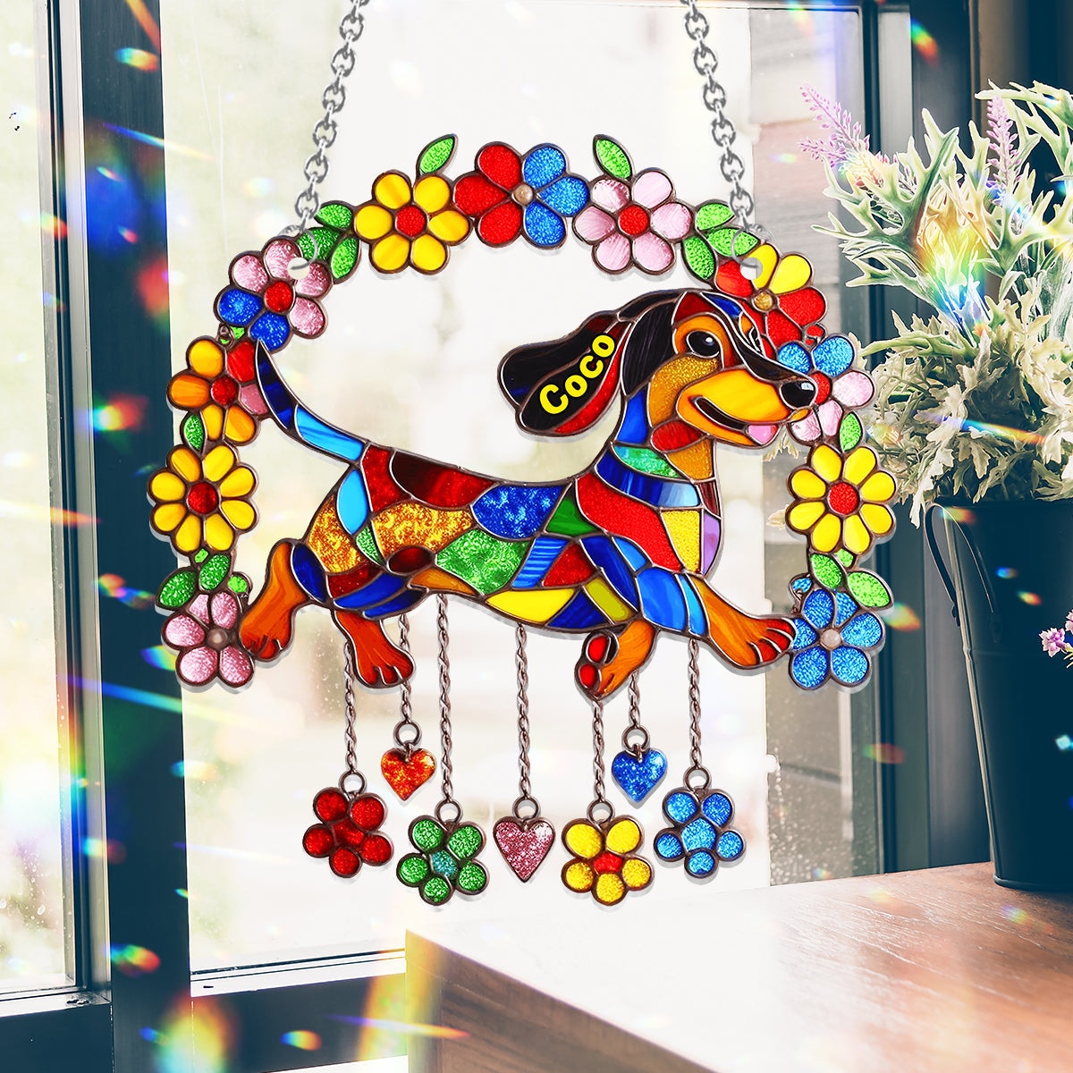 Cute Dachshund With Flowers - Personalized Dachshund Window Hanging Suncatcher Ornament