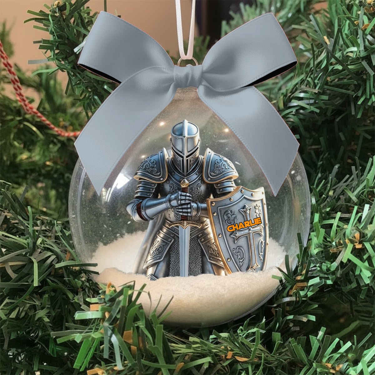 Knight Of God - Personalized Christian Snow Globe Ornament With Bow