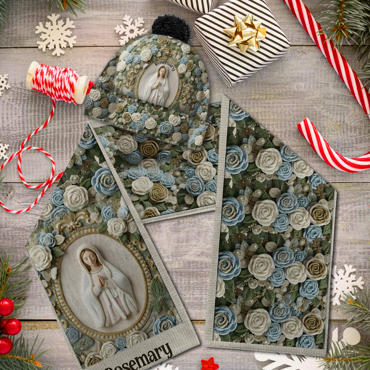 Our Lady's Rose - Personalized Christian Knitted Beanie Hat and Scarf Set