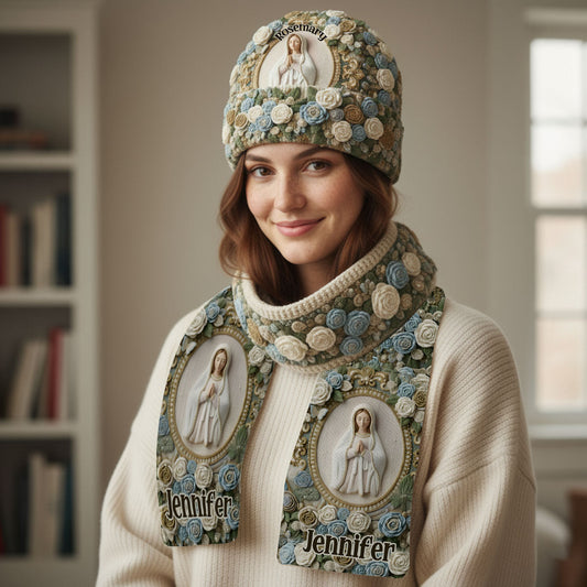 Notre-Dame Rose - Ensemble bonnet et écharpe chrétiens tricotés personnalisés