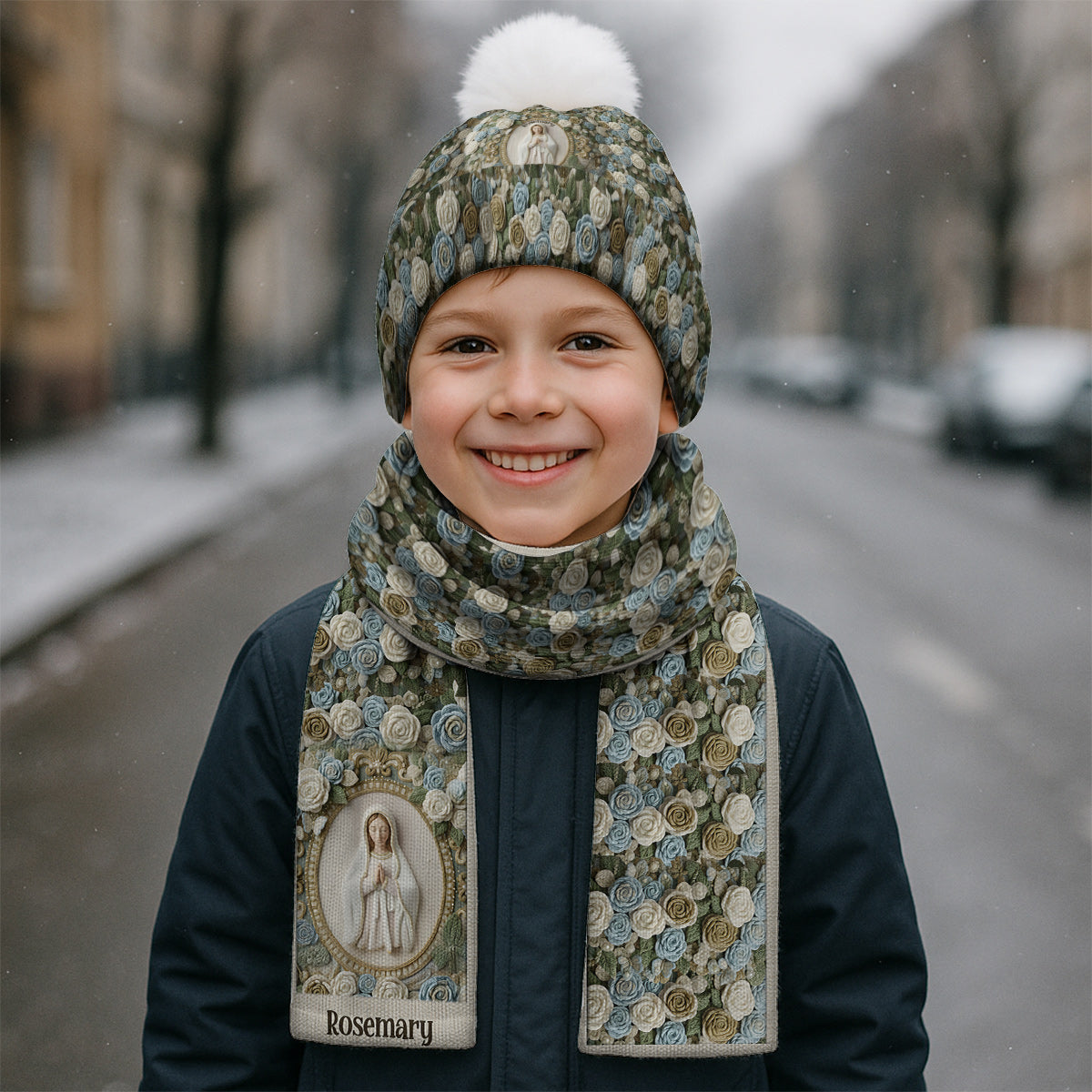 Our Lady's Rose - Personalized Christian Knitted Beanie Hat and Scarf Set