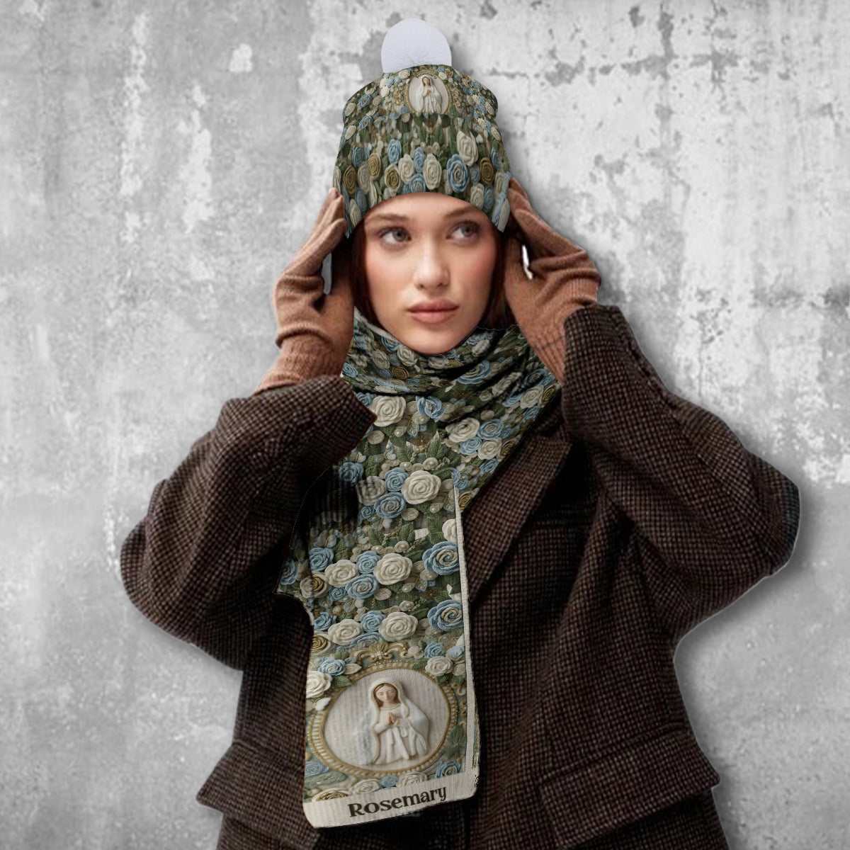 Our Lady's Rose - Personalized Christian Knitted Beanie Hat and Scarf Set