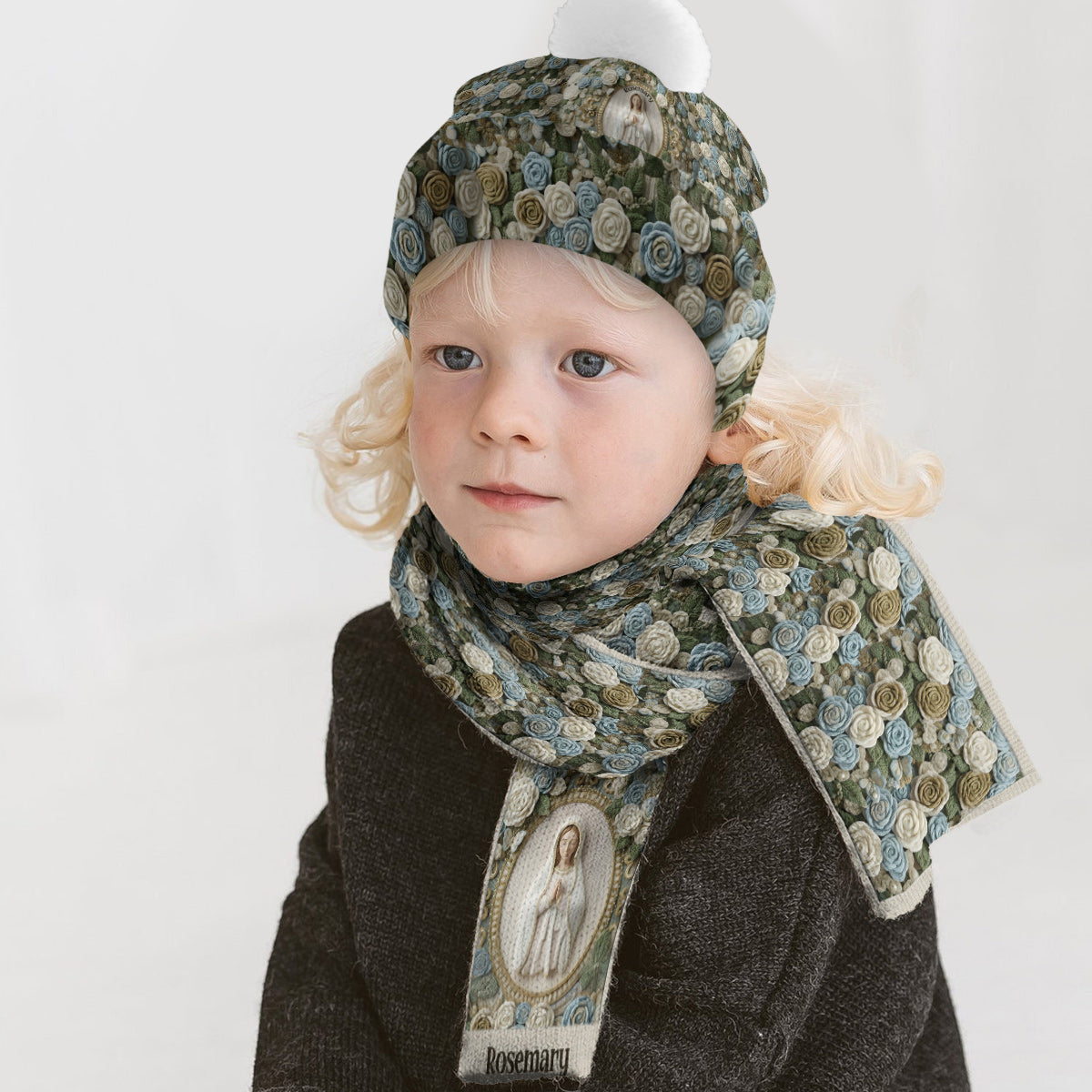 Our Lady's Rose - Personalized Christian Knitted Beanie Hat and Scarf Set