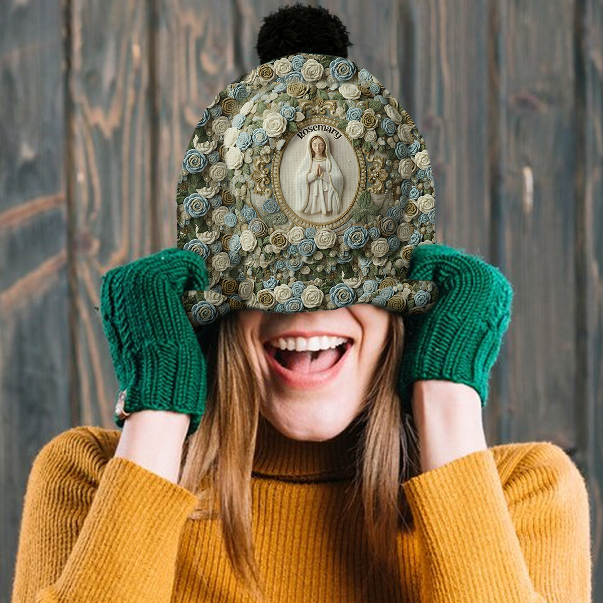 Our Lady's Rose - Personalized Christian Knitted Beanie Hat and Scarf Set