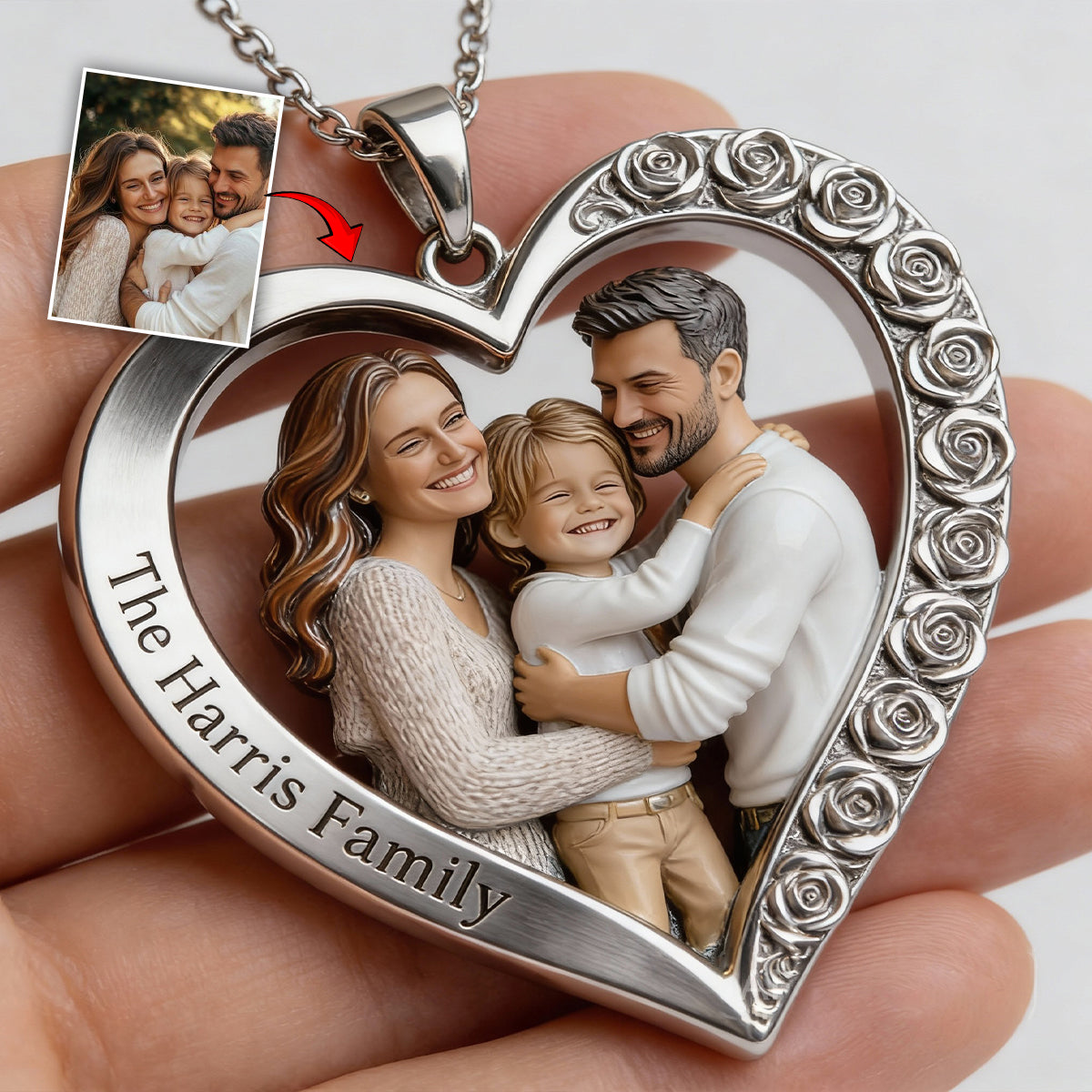 Custom From Any Photo - Personalized Family Shaped Metal Pendant Necklace