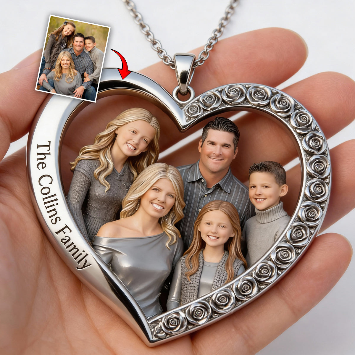 Custom From Any Photo - Personalized Family Shaped Metal Pendant Necklace