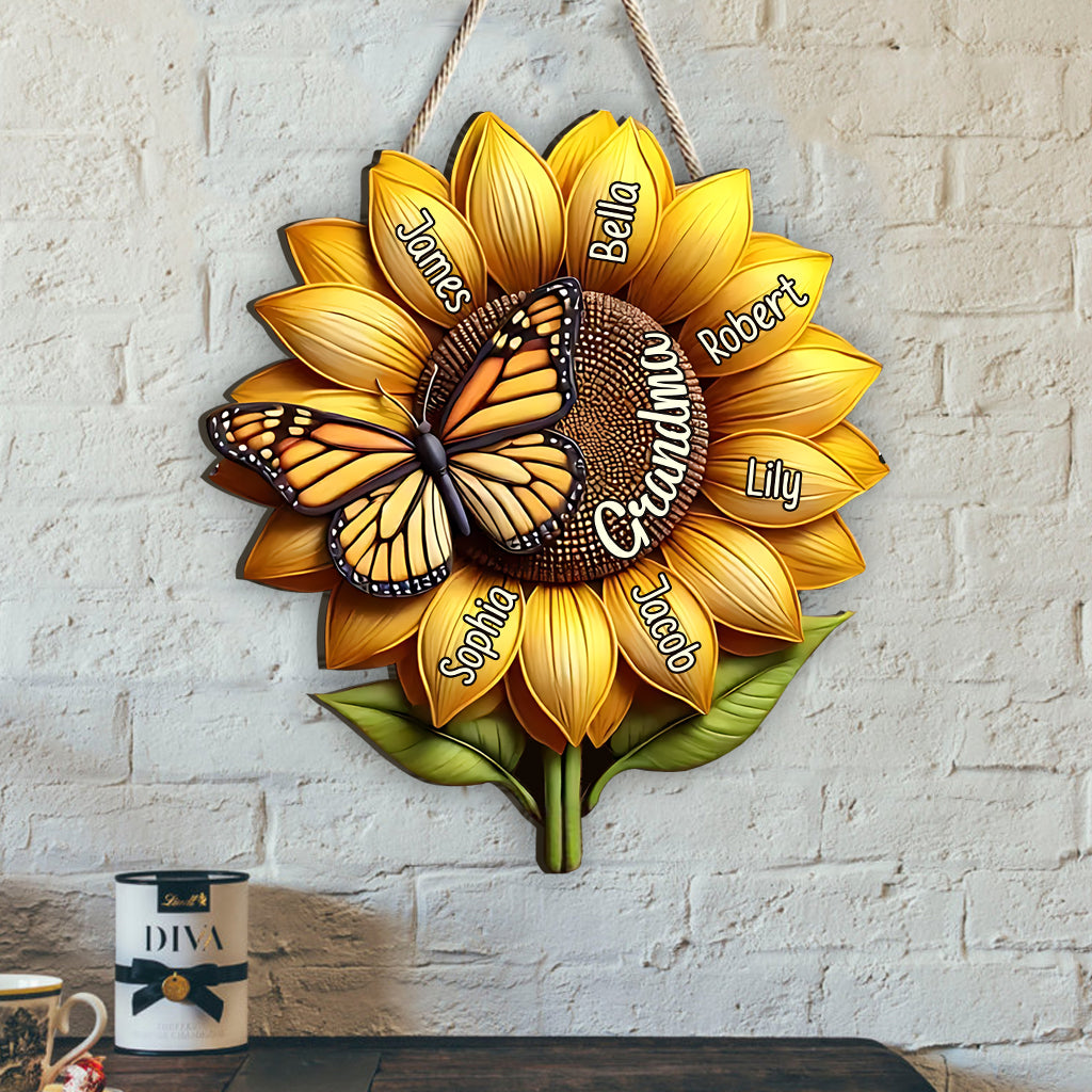Sunflower Gift For Grandma Mom - Personalized Grandma Custom Shaped Wood Sign