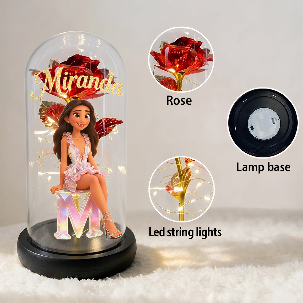 Crystal Alphabet Letter Gift - Personalized Self Love Glowing Roses Glass Dome