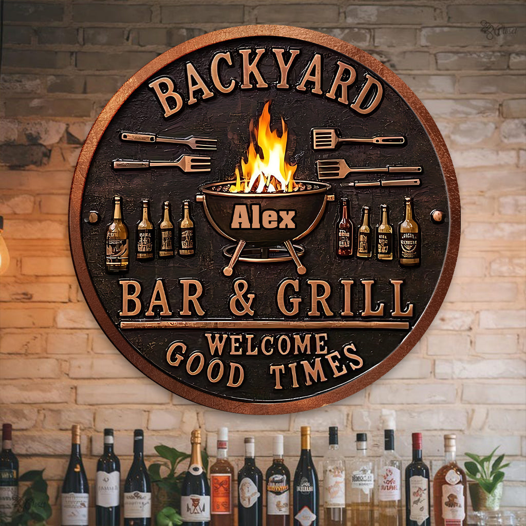 Backyard Bar & Grill Sign - Personalized Grilling Round Metal Sign