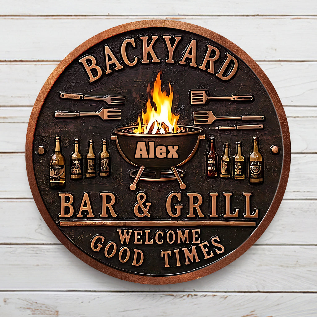 Backyard Bar & Grill Sign - Personalized Grilling Round Metal Sign