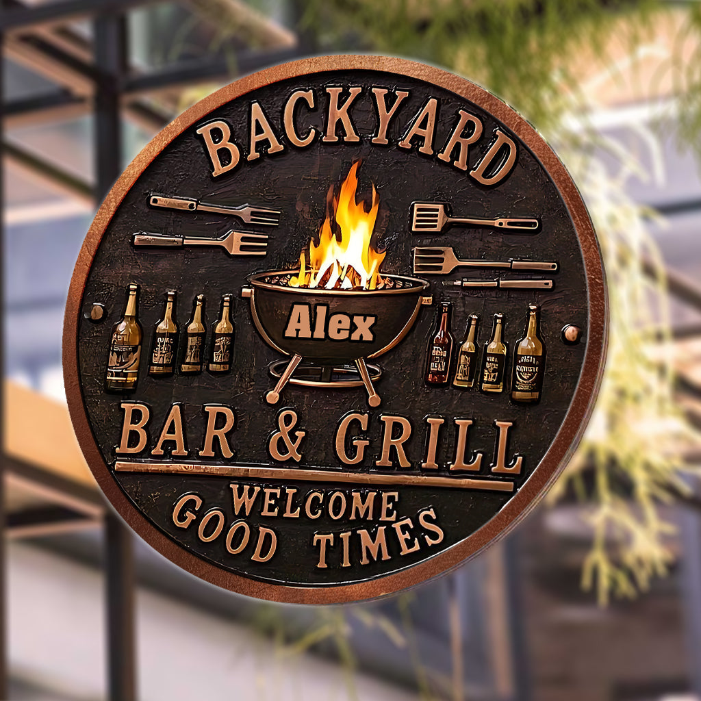 Backyard Bar & Grill Sign - Personalized Grilling Round Metal Sign