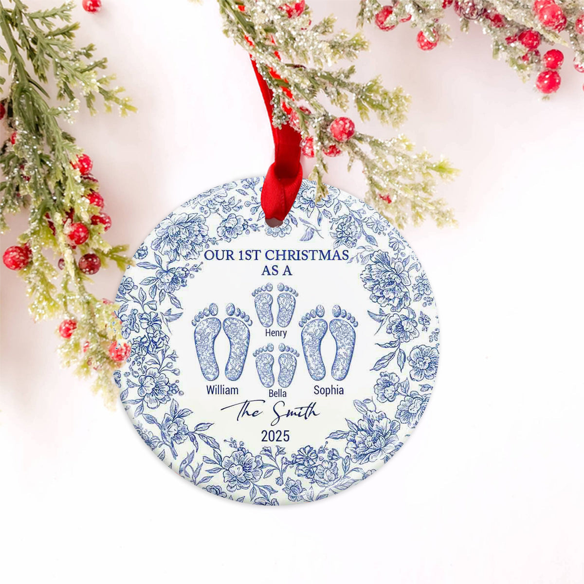 Our First Christmas - Personalized Family Ceramic Circle Ornament