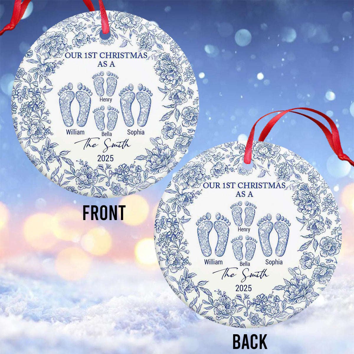 Our First Christmas - Personalized Family Ceramic Circle Ornament