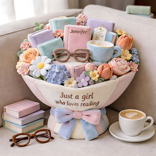 Plüschstrauß für ein Mädchen, das gerne liest – personalisiertes Premium-Kunstfellkissen