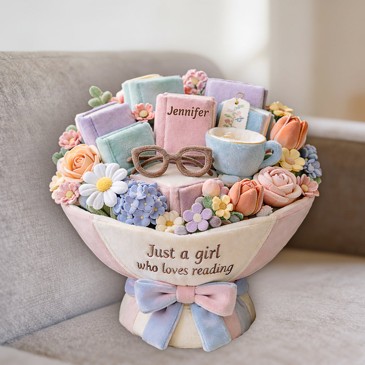 Just A Girl Who Loves Reading Plush Bouquet - Personalized Book Premium Faux Fur Pillow