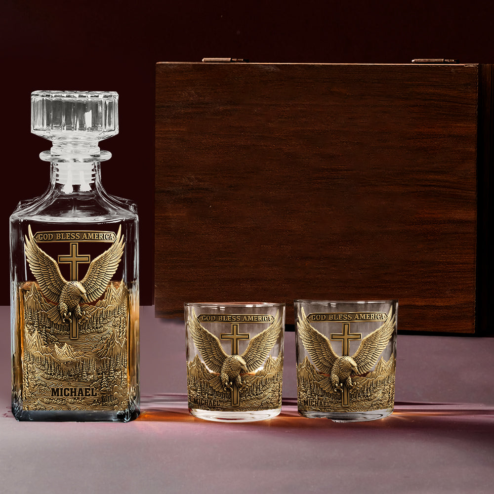 God Bless America - Personalized Bald Eagle Whiskey Decanter Set