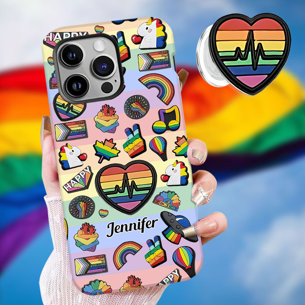 Coque de téléphone et support pour téléphone personnalisés « Arc-en-ciel de la fierté » avec impression intégrale, en soutien à la communauté LGBT.