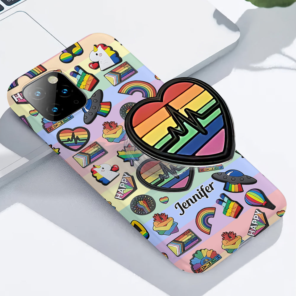 Coque de téléphone et support pour téléphone personnalisés « Arc-en-ciel de la fierté » avec impression intégrale, en soutien à la communauté LGBT.
