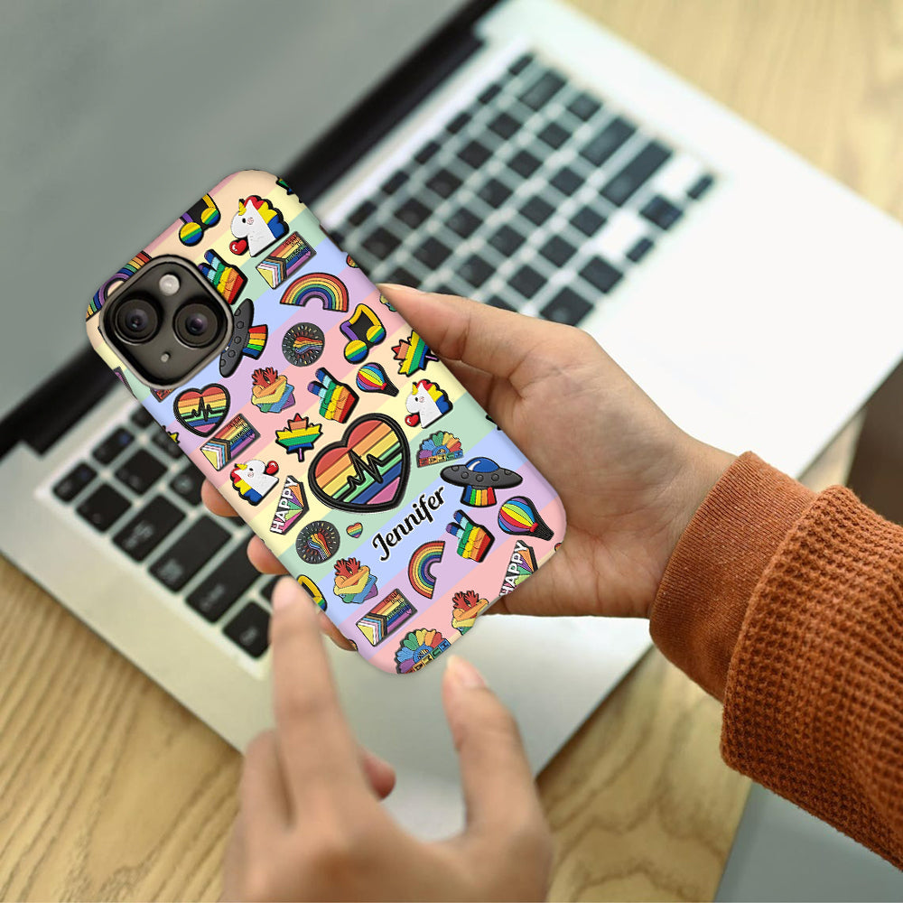 Coque de téléphone et support pour téléphone personnalisés « Arc-en-ciel de la fierté » avec impression intégrale, en soutien à la communauté LGBT.
