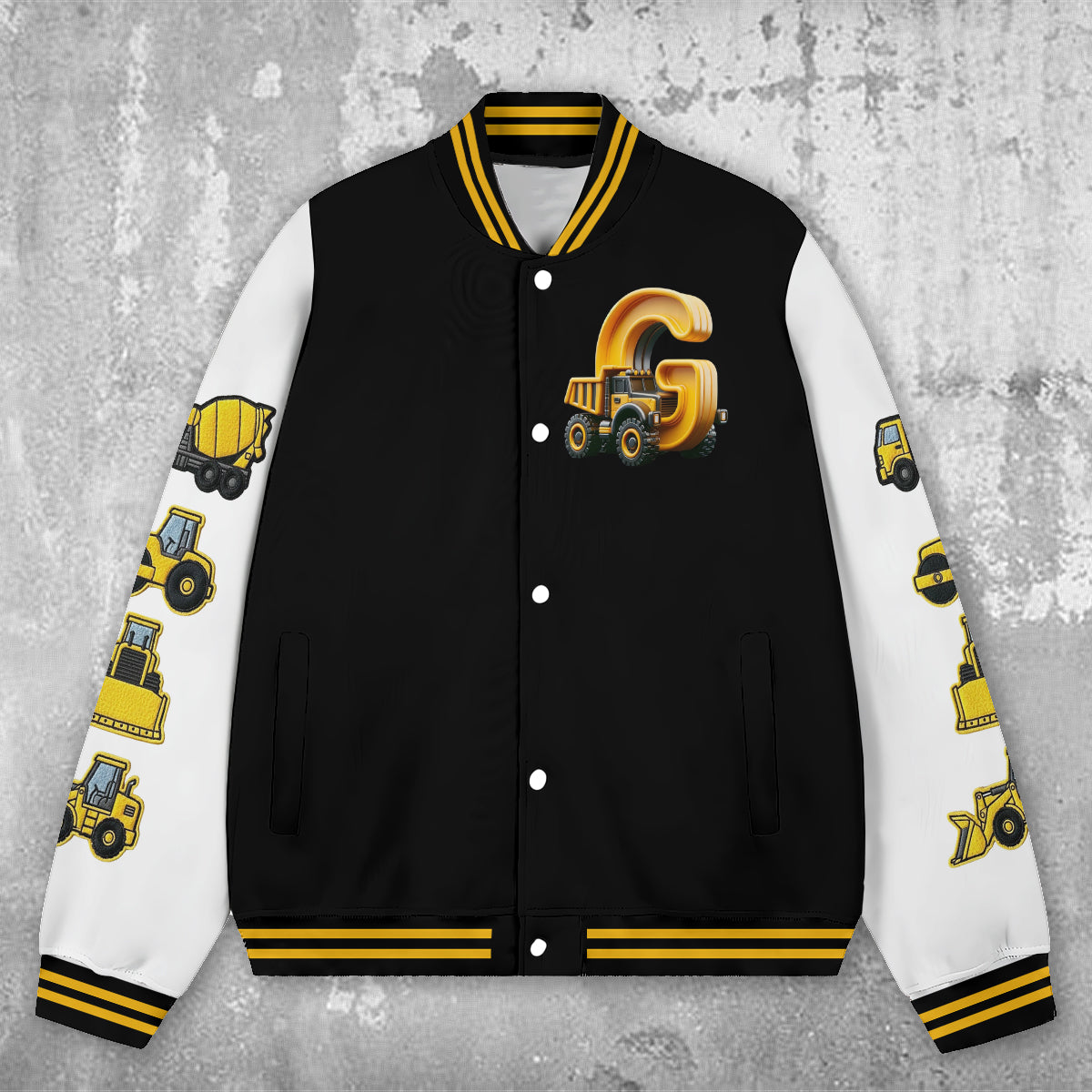 Initial Construction Vehicles For Boys And Girls - Personalized Kid Varsity Jacket