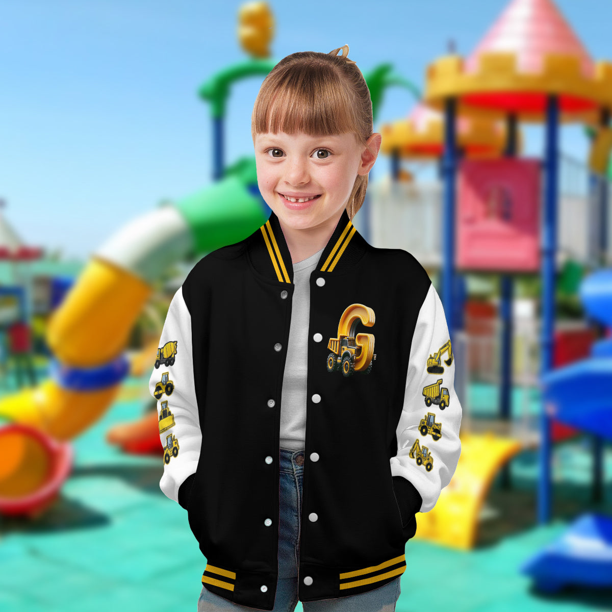 Initial Construction Vehicles For Boys And Girls - Personalized Kid Varsity Jacket