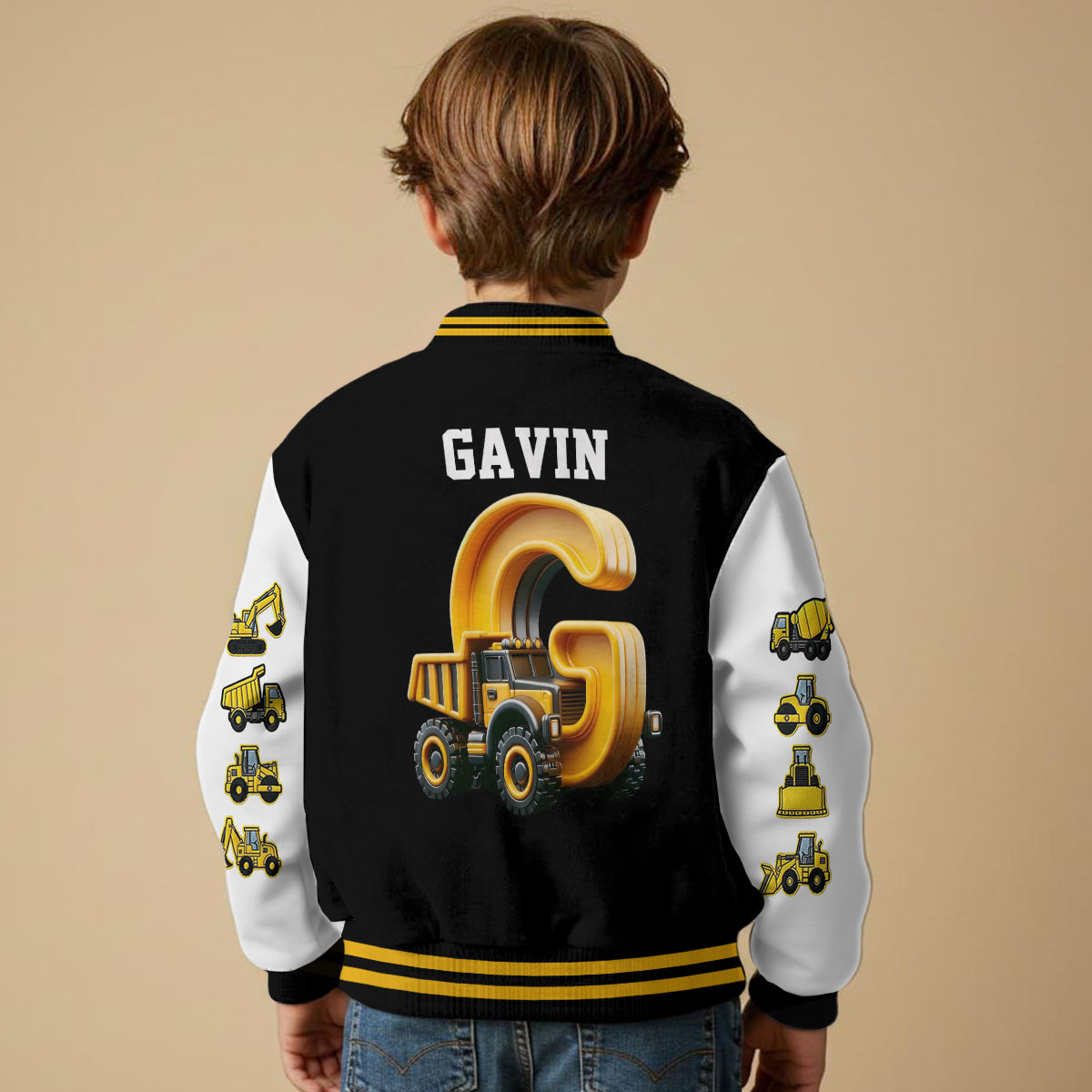 Initial Construction Vehicles For Boys And Girls - Personalized Kid Varsity Jacket