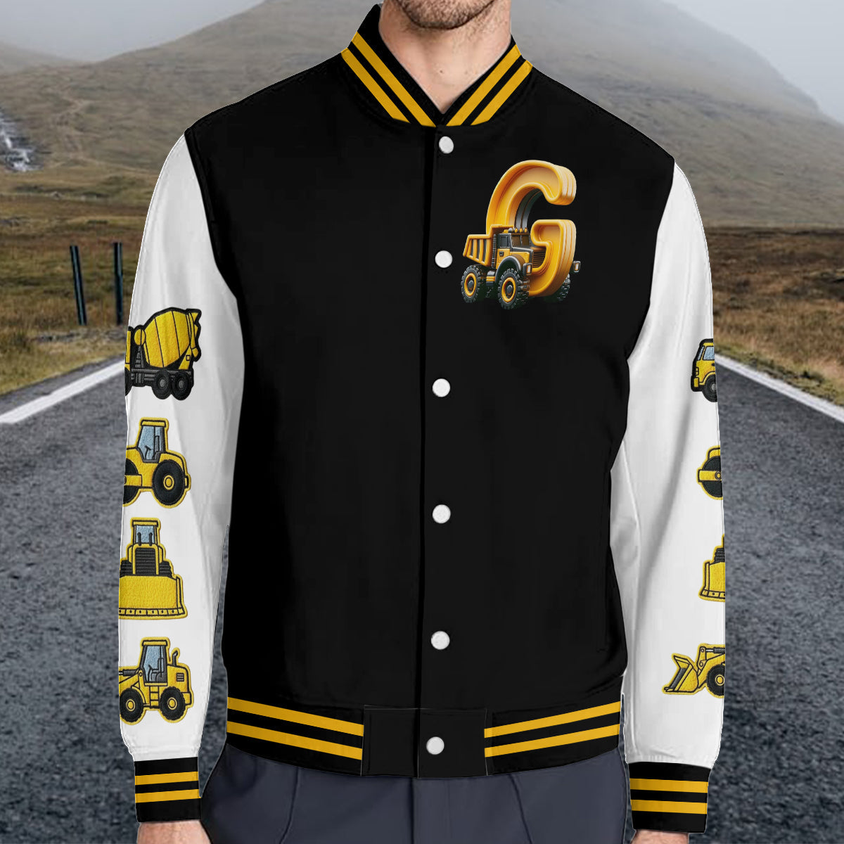 Initial Construction Vehicles For Boys And Girls - Personalized Kid Varsity Jacket