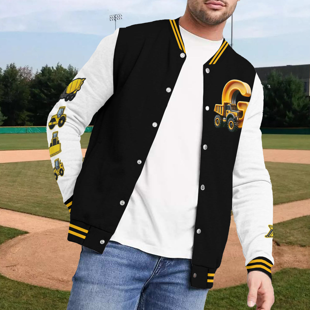 Initial Construction Vehicles For Boys And Girls - Personalized Kid Varsity Jacket